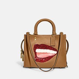 Coach X Tom Wesselmann Rogue 25 Leather Camel Lip Graphic Motif Purse bag ca125
